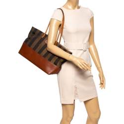 Pre Owned Fendi Brown/Tobacco Pequin Striped Canvas and Leather Roll Tote