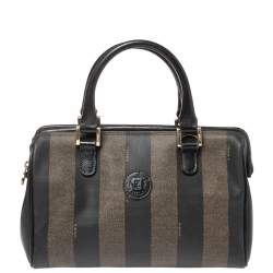 Pre Owned Fendi Tobacco Pequin Striped Coated Canvas and Leather Boston Bag