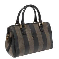Pre Owned Fendi Tobacco Pequin Striped Coated Canvas and Leather Boston Bag