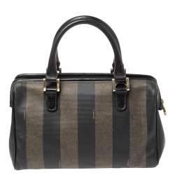 Pre Owned Fendi Tobacco Pequin Striped Coated Canvas and Leather Boston Bag
