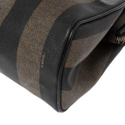 Pre Owned Fendi Tobacco Pequin Striped Coated Canvas and Leather Boston Bag