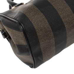 Pre Owned Fendi Tobacco Pequin Striped Coated Canvas and Leather Boston Bag