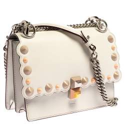 Pre Owned Fendi White Leather Small Scalloped Kan I Shoulder Bag