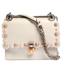 Pre Owned Fendi White Leather Small Scalloped Kan I Shoulder Bag