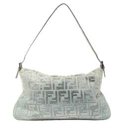 مملوكة مسبقًا Fendi Light Blue Denim FF Crystal Embellished Mamma Baguette Bag
