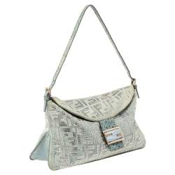 مملوكة مسبقًا Fendi Light Blue Denim FF Crystal Embellished Mamma Baguette Bag
