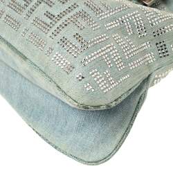 مملوكة مسبقًا Fendi Light Blue Denim FF Crystal Embellished Mamma Baguette Bag