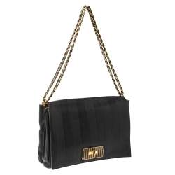 Pre Owned Fendi Black Pequin Stripe Leather Large Claudia Shoulder Bag