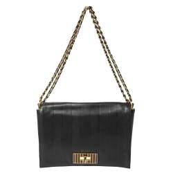 Pre Owned Fendi Black Pequin Stripe Leather Large Claudia Shoulder Bag