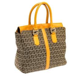 Pre Owned Fendi Beige/Mustard Zucchino Canvas and Leather Flap Tote
