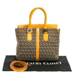 Pre Owned Fendi Beige/Mustard Zucchino Canvas and Leather Flap Tote