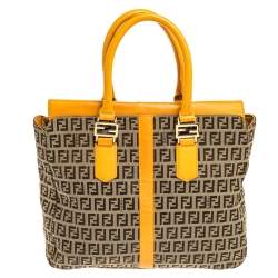 Pre Owned Fendi Beige/Mustard Zucchino Canvas and Leather Flap Tote