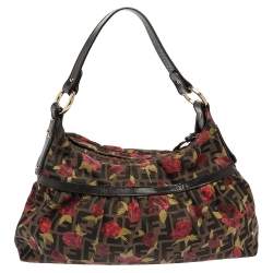Pre Owned Fendi Brown Zucca Floral Print Canvas and Leather Chef Shoulder Bag