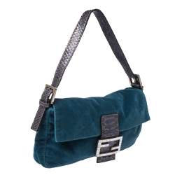 Pre Owned Fendi Blue Velvet and Python Mama Baguette Bag