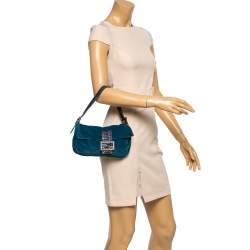 Pre Owned Fendi Blue Velvet and Python Mama Baguette Bag