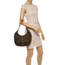 Pre Owned Fendi Tobacco/Tan Striped Tiger Canvas and Leather Hobo