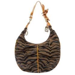 Pre Owned Fendi Tobacco/Tan Striped Tiger Canvas and Leather Hobo