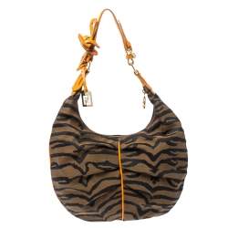 Pre Owned Fendi Tobacco/Tan Striped Tiger Canvas and Leather Hobo