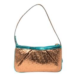 Pre Owned Fendi Metallic Bronze/Blue Coated Canvas and Patent Leather Pochette