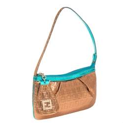 Pre Owned Fendi Metallic Bronze/Blue Coated Canvas and Patent Leather Pochette