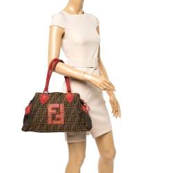 Fendi Brown/Red Zucca Canvas and Nubuck Medium Studded De Jour Bag