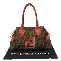 Fendi Brown/Red Zucca Canvas and Nubuck Medium Studded De Jour Bag