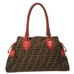 Fendi Brown/Red Zucca Canvas and Nubuck Medium Studded De Jour Bag