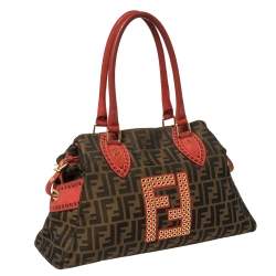 Fendi Brown/Red Zucca Canvas and Nubuck Medium Studded De Jour Bag