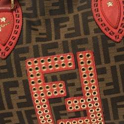 Fendi Brown/Red Zucca Canvas and Nubuck Medium Studded De Jour Bag