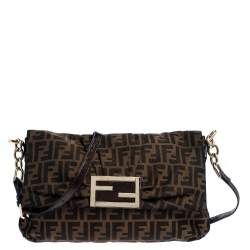 Pre Owned Fendi Tobacco Zucca Canvas Mia Flap Shoulder Bag