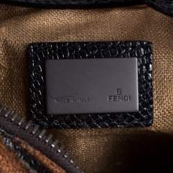 Pre Owned Fendi Brown Fabric and Lizard Wood Embellished Oyster Hobo