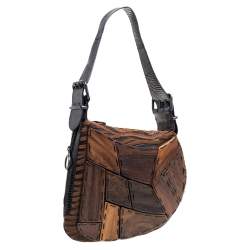Pre Owned Fendi Brown Fabric and Lizard Wood Embellished Oyster Hobo