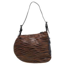 Pre Owned Fendi Brown Fabric and Lizard Wood Embellished Oyster Hobo
