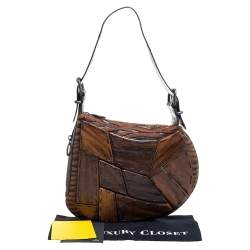 Pre Owned Fendi Brown Fabric and Lizard Wood Embellished Oyster Hobo