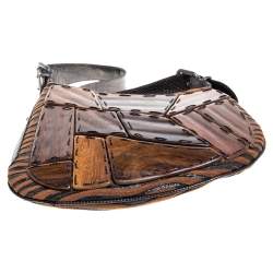 Pre Owned Fendi Brown Fabric and Lizard Wood Embellished Oyster Hobo