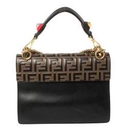 Pre Owned Fendi Black/Brown Zucca Embossed Leather Kan I Top Handle Bag