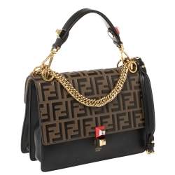 Pre Owned Fendi Black/Brown Zucca Embossed Leather Kan I Top Handle Bag
