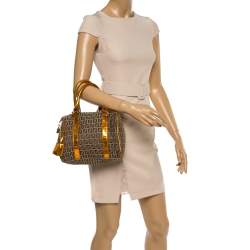 Pre Owned Fendi Beige/Metallic Orange Zucchino Canvas and Patent Leather Small Forever Bauletto Boston Bag