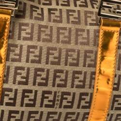 Pre Owned Fendi Beige/Metallic Orange Zucchino Canvas and Patent Leather Small Forever Bauletto Boston Bag