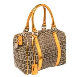 Pre Owned Fendi Beige/Metallic Orange Zucchino Canvas and Patent Leather Small Forever Bauletto Boston Bag