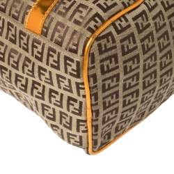 Pre Owned Fendi Beige/Metallic Orange Zucchino Canvas and Patent Leather Small Forever Bauletto Boston Bag
