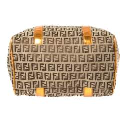 Pre Owned Fendi Beige/Metallic Orange Zucchino Canvas and Patent Leather Small Forever Bauletto Boston Bag