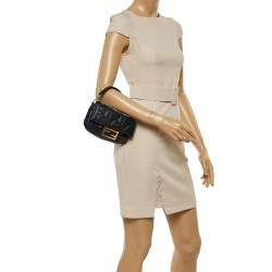 Pre Owned Fendi Black Zucca Embossed Leather Baguette Bag