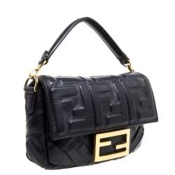 Pre Owned Fendi Black Zucca Embossed Leather Baguette Bag