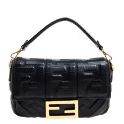 Pre Owned Fendi Black Zucca Embossed Leather Baguette Bag