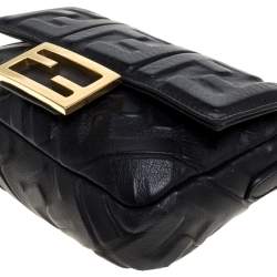Pre Owned Fendi Black Zucca Embossed Leather Baguette Bag