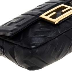 Pre Owned Fendi Black Zucca Embossed Leather Baguette Bag