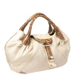 Pre Owned Fendi Light Beige Iridescent Textured Leather and Ostrich Spy Bag