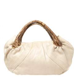 Pre Owned Fendi Light Beige Iridescent Textured Leather and Ostrich Spy Bag
