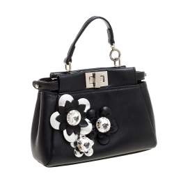 مملوكة مسبقًا Fendi Black Floral Embellished Leather Micro Peekaboo Top Handle Bag